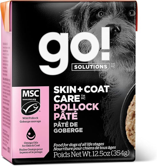GO! SOLUTIONS Skin + Coat Care Wet Dog Food - Pollock Pâté with Grains - Complete & Balanced Nutrition for All Life Stages, 12.5 oz