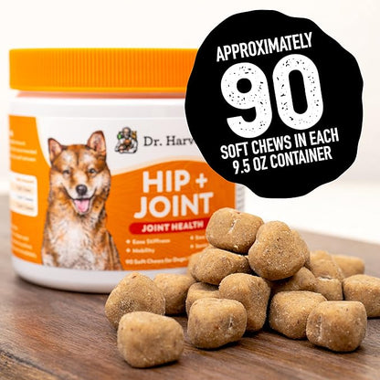 Dr. Harvey's Hip & Joint Soft Chews for Dogs, Daily Mobility Supplement Chewable Bites for Dogs with Glucosamine, Chondroitin & MSM, Green Lipped Mussel, Chicken Flavor (90 Chews)
