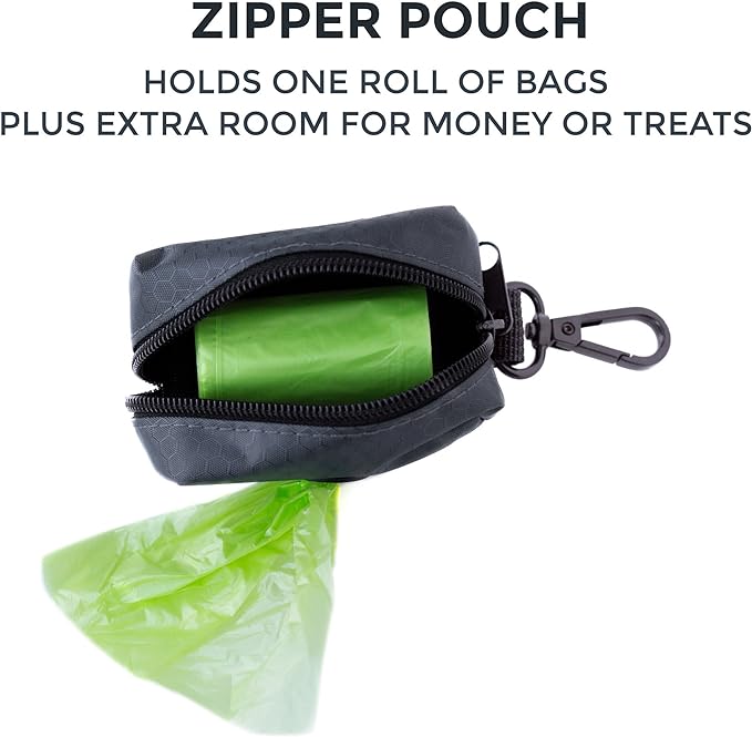 Mighty Paw Dog Poop Bag Holder - Zippered Pouch with Carabiner Hook - Includes Roll of Pick-up Bags - Pet Bag Holder - Poop Bag Dispenser - Dog Bags Traveling - Dog Waste Bag Holder - (Grey/Green)