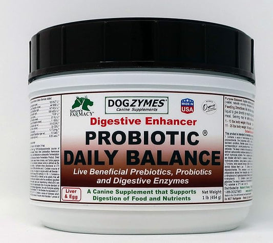 Dogzymes Probiotic Daily Balance - supplies nutritional support and live microorganisms for intestinal well-being as well as enzymes for proper digestion. Liver and Egg base. (1 pound)