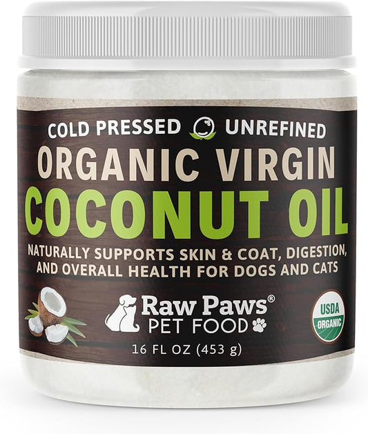 Raw Paws Organic Virgin Coconut Oil for Dogs & Cats, 16-oz - Supports Immune System, Digestion, Oral Health, Thyroid - All Natural Allergy Relief for Dogs - Hairball Relief