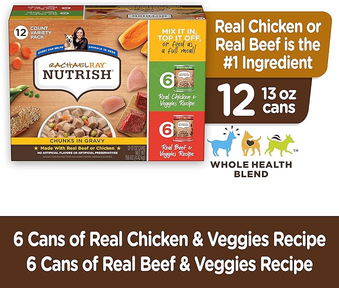 Nutrish Rachael Ray Chunks in Gravy Wet Dog Food Variety Pack, 13 Ounce (Pack of 12)