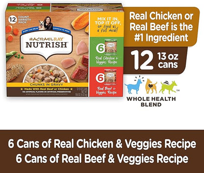 Nutrish Rachael Ray Chunks in Gravy Wet Dog Food Variety Pack, 13 Ounce (Pack of 12)