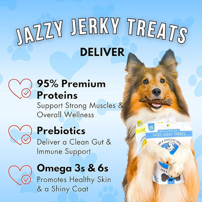 Jazzy Jerky Treats for Dogs, Wag-A-Licious Beef with Prebiotics for Gut & Immune Health, Omega 3s & 6s for Skin & Coat Health, Made in USA, Small-Large Dogs,10 oz