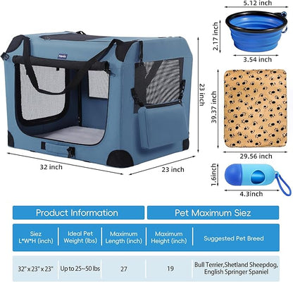 Portable Dog Crate, Collapsible Dog Travel Crate 32x23x23 with Soft Blanket Foldable Bowl and a Poop Bag with Dispenser for Medium & Large Dogs