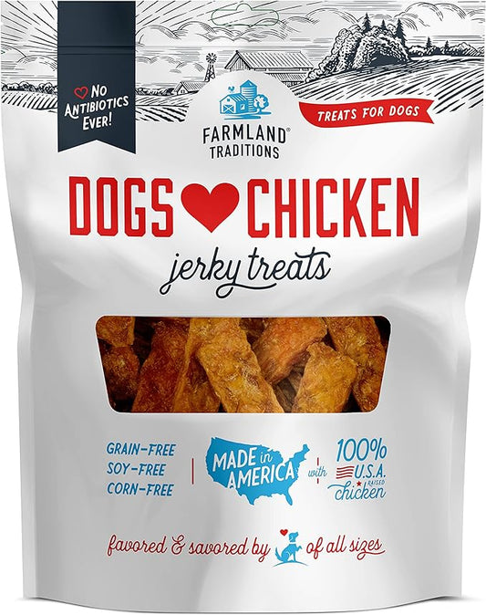 Farmland Traditions Dogs Love Chicken Premium Two Ingredients Jerky Treats for Dogs (1 lb. No Antibiotics Ever USA Raised Chicken)