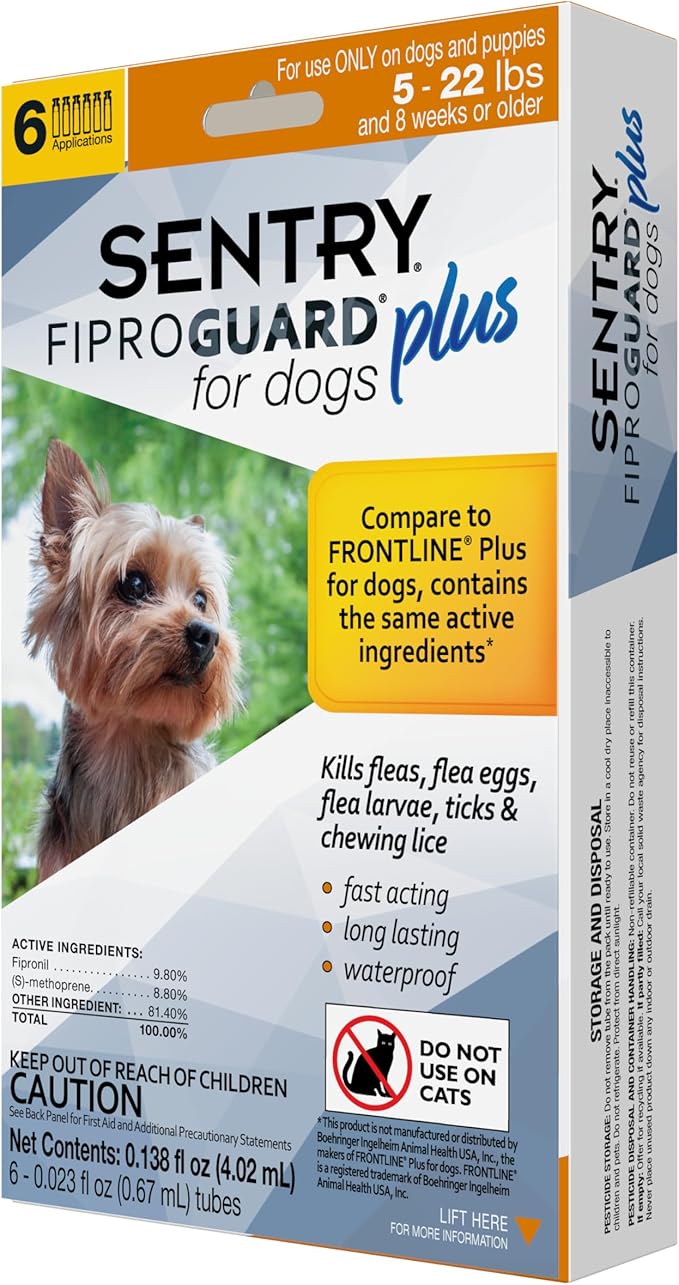 SENTRY PET CARE Fiproguard Plus for Dogs, Flea and Tick Prevention for Dogs (5-22 Pounds), Includes 6 Month Supply of Topical Flea Treatments (3429)