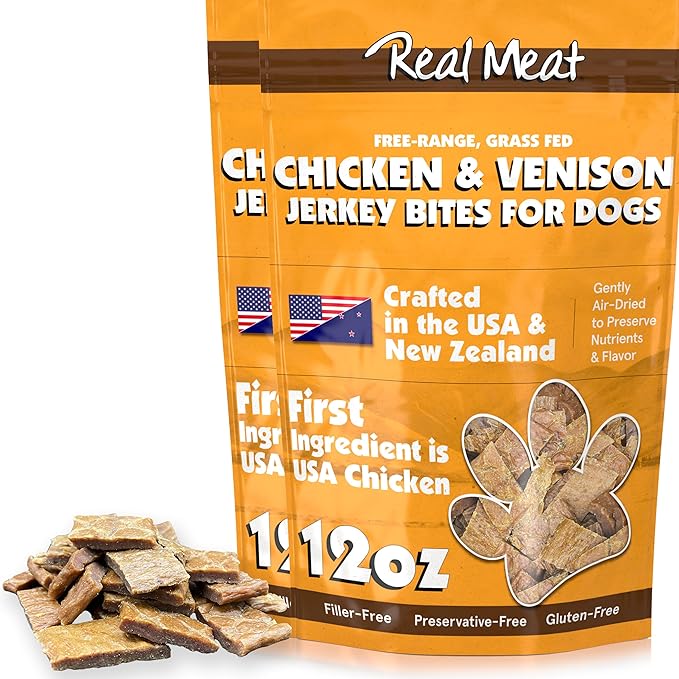 Real Meat Dog Treats - Two 12oz Bag of Bite-Sized Air-Dried Venison & Chicken Jerky for Dogs - Grain-Free Jerky Dog Treats with 95% Human-Grade, Free-Range Venison & Chicken - All-Natural Dog Treats