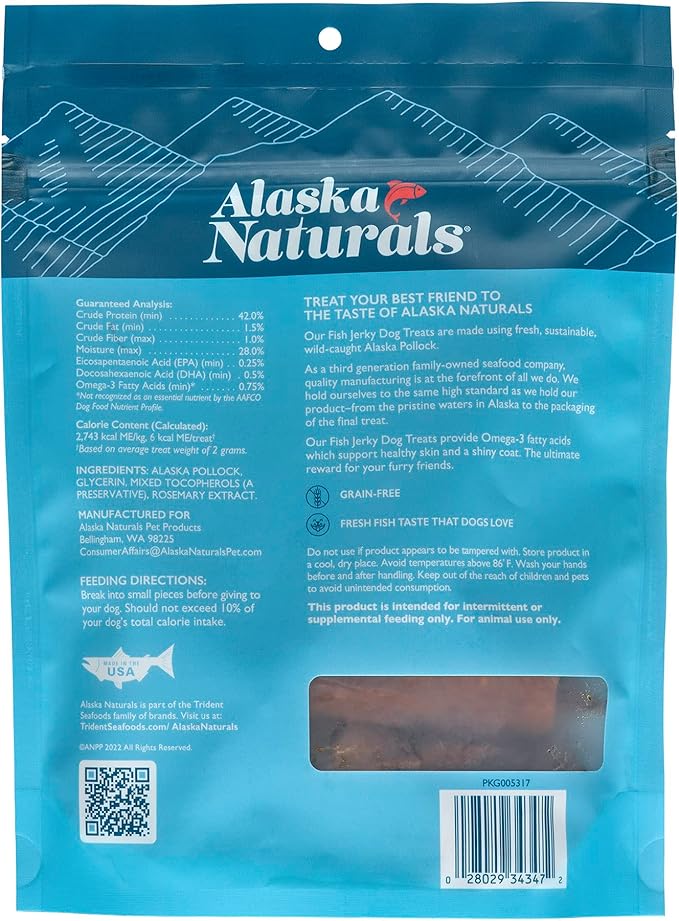 Alaska Naturals Dog Treats, Wild-Caught Pollock Jerky with Omega 3 to Support Healthy Skin & Shiny Coat, Gluten Free, Grain Free Training & Rewarding Dogs Treat, 4 oz