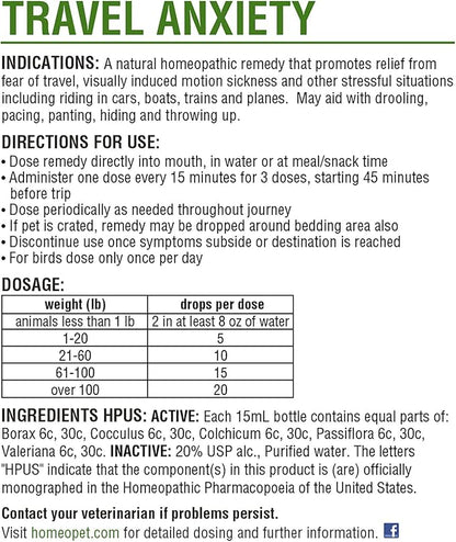 HomeoPet Travel Anxiety, Calming Relief for Dogs, Cats, and Other Small Animals, 15 Milliliters