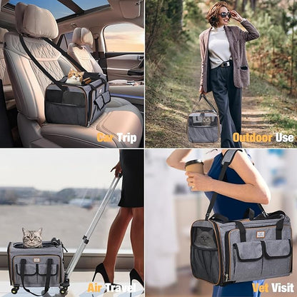 Lekereise Airline Approved Cat Dog Carrier with Wheels Expandable Rolling Pet Carrier for Medium Dogs and Cats Under 15 25LBS, Pet Travel Carrier on Wheels, Grey