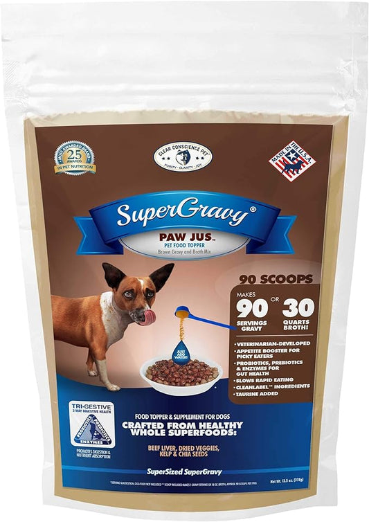 SuperGravy PAW Jus - Natural Dog Food Gravy Topper - Hydration Broth Food Mix - Human Grade – Kibble Seasoning for Picky Eaters – Gluten Free & Grain Free, 01071, 90 Scoop