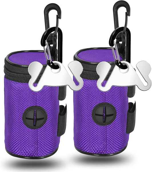 2 Pack Dog Poop Bag Holder for Leash Attachment - Waste Bag Dispenser for Leash - Fits Any Dog Leash - Portable Set with Hand Free Holder Metal Carrier, Round Style, Purple