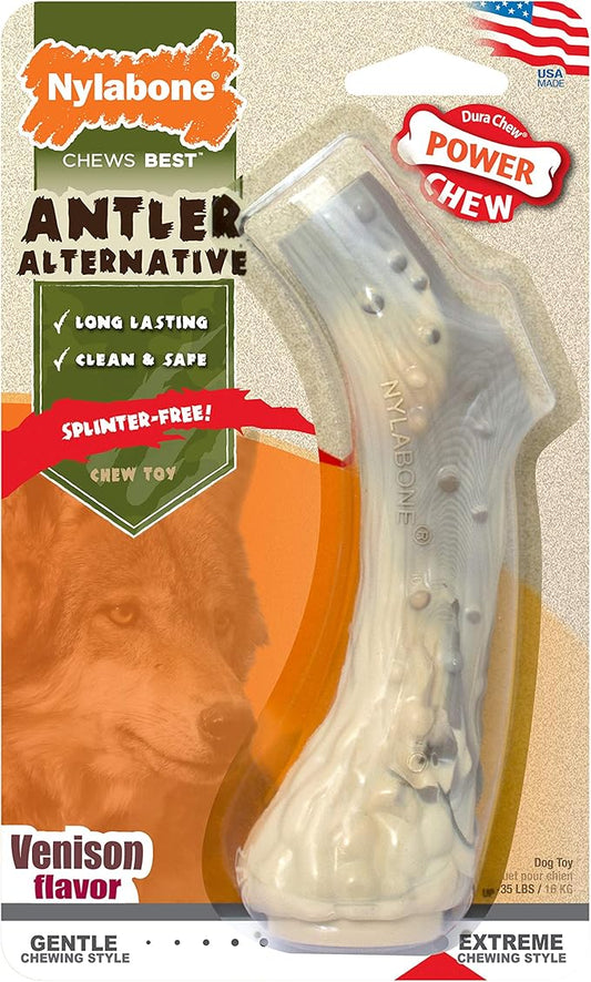 Nylabone Power Chew Antler Alternative Nylon Chew Toy for Dogs, Dog Toys for Aggressive Chewers, Venison Flavor, Medium/Wolf (1 Count)