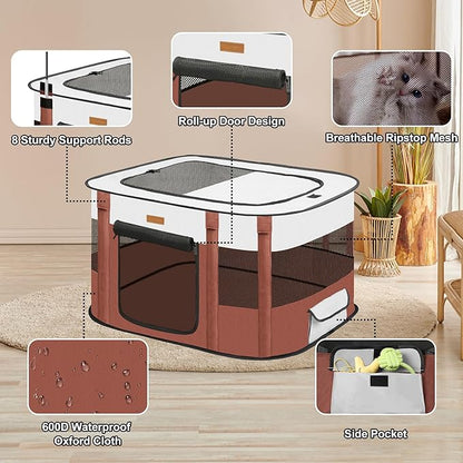 Dog Playpen - Foldable Cat Play Pens for Pubby, Kitten, Rabbit, Portable Pet Tent with Carring Bag for Indoor/Outdoor Travel Camping (Brown-Small)