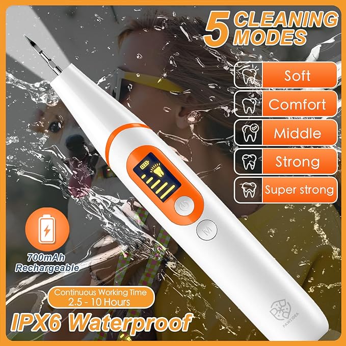 PAWZIDEA Ultrasonic Dog Tooth Cleaner 42kHz, Dog Plaque Remover for Teeth, Intelligent Tartar Remover for Dog Teeth Cleaning Kit, Canine/Cat Sonic Toothbrush Scaler Dental Care Tool, LED, Rechargeable