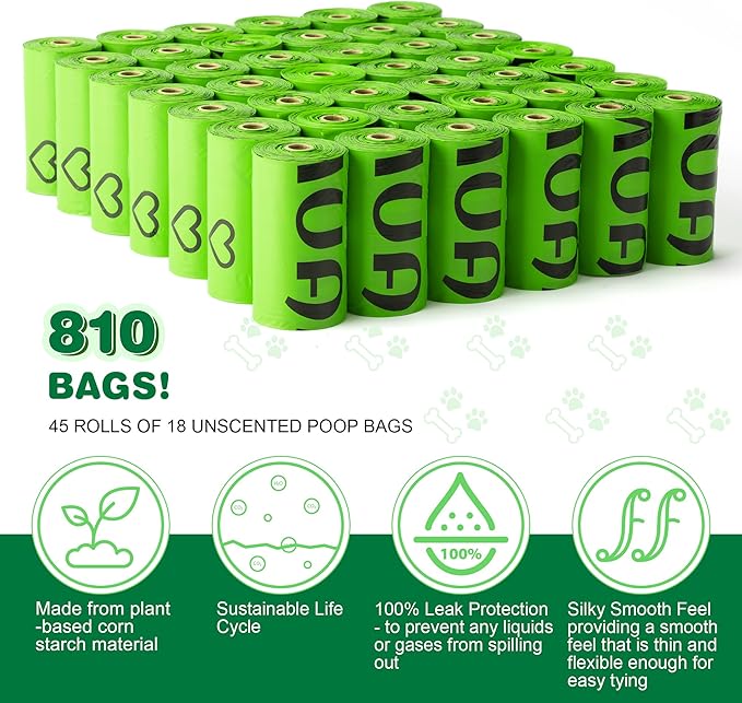 【Upgraded 2023】Dog Poop Bag Refills | 810 Counts, 45 Rolls | Biodegradable, Unscented | Leak-Proof & Ultra Thick | Holder Included