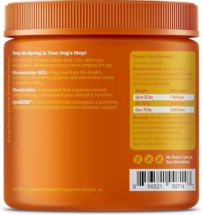 Mobility Bites for Dogs, Hip and Joint, All Ages, Duck, 90 Soft Chews, 12.7 oz (360 g), Zesty Paws