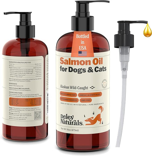 Deley Naturals Premium Alaskan Wild Caught Salmon Oil for Dogs and Cats - Omega-3 Rich Fish Oil Supplement for Healthy Skin, Coat, and Joints - All-Natural, Sustainably Sourced - 16 Oz