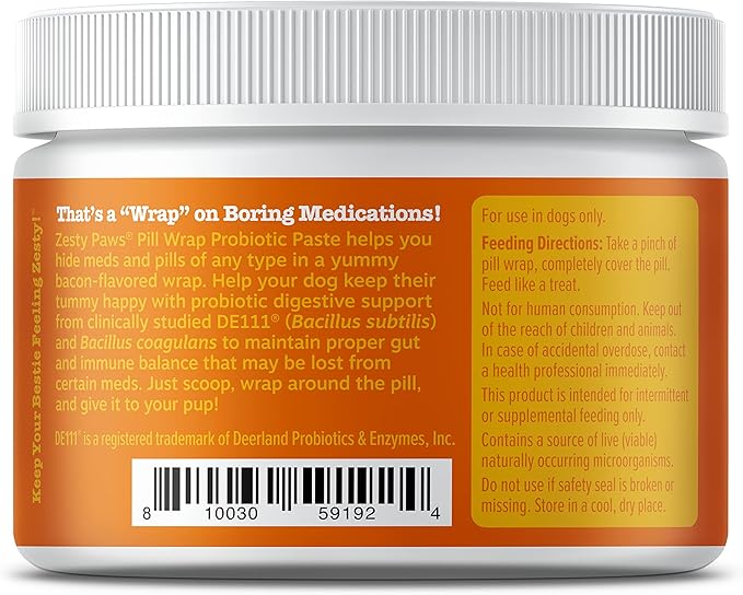 Zesty Paws Pill Wrap Probiotic Paste for Dogs - Immune & Digestive System Support - Bacon Flavor - with DE111 Bacillus subtilis - Pockets Any Pill, Tablet & Capsule for Your Dog - 60 Portions…