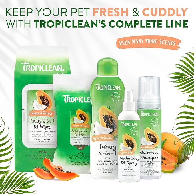 TropiClean 2-in-1 Papaya & Coconut Dog Shampoo and Conditioner | Natural Pet Shampoo Derived from Natural Ingredients | Cat Friendly | Made in the USA | 20 oz.