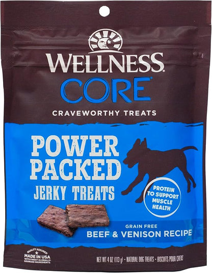 Wellness CORE Grain Free Dog Treats - 2 Flavor Variety Bundle: (1) Each: Healthy Joints Beef Chewy Baked, Power Packed Beef Venison Chewy Jerky (4-8 Ounces)