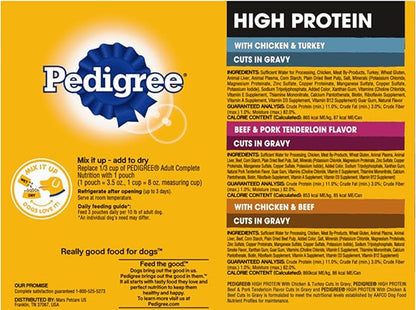 Pedigree high protein dog food bundle, includes 12 pouches, High Protein and cuts in gravy, assorted 06 Flavors(02 each).Plus a Carrot dog toy and a Pet Nutrition Booklet.