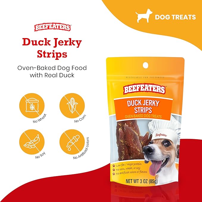 Beefeaters Dog Treats - Duck Jerky Strips 3oz, Case of 6 | Dog Food Real Duck #1 Ingredient | No Corn/Wheat/Soy/Gluten | High Protein & Low Fat | Dog Training Treats for All Dog Sizes