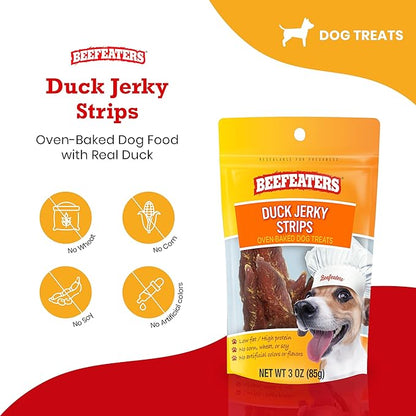 Beefeaters Dog Treats - Duck Jerky Strips 3oz, Case of 6 | Dog Food Real Duck #1 Ingredient | No Corn/Wheat/Soy/Gluten | High Protein & Low Fat | Dog Training Treats for All Dog Sizes