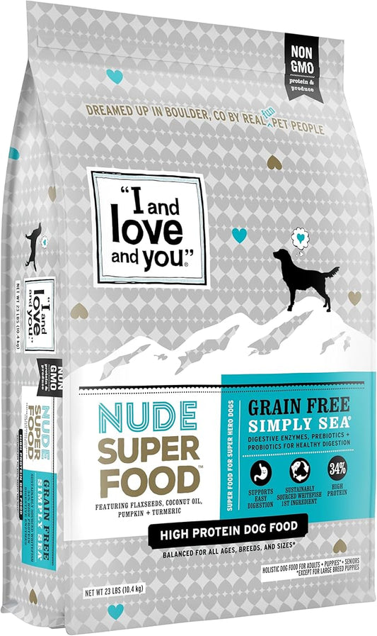 I AND LOVE AND YOU Nude Super Food Dry Dog Food - Salmon + Whitefish - Prebiotic + Probiotic, Grain Free, Real Meat, No Fillers, 23lb Bag