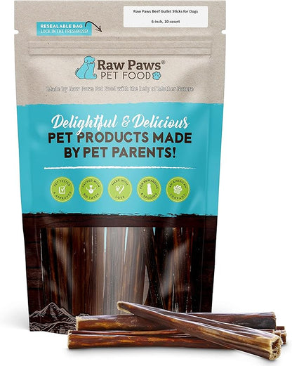 Raw Paws Beef Gullet Sticks for Dogs, 6-inch, 10-ct - Free-Range Cows raised without Antibiotics or Added Hormones - Gullet Sticks for Small Dogs to Large Dogs - Beef Esophagus Dog Treats