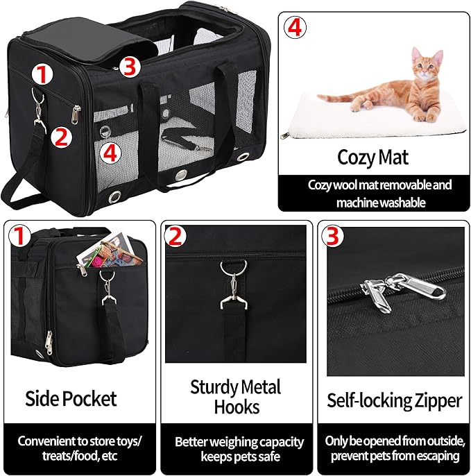 Soft Sided Cat/Dog Carrier,Collapsible Pets Travel Carriers for Pet/Puppy with Shoulder Strap & Removable Mat,Mesh Top Load Small Dogs/Cats Carry Bag Up to 25 Lbs（Black,L）
