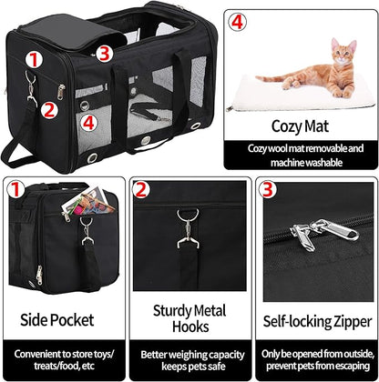 Soft Sided Cat/Dog Carrier,Collapsible Pets Travel Carriers for Pet/Puppy with Shoulder Strap & Removable Mat,Mesh Top Load Small Dogs/Cats Carry Bag Up to 25 Lbs（Black,L）