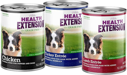 Health Extension Variety Pack of Wet Dog Food Chicken, Lamb Entree, and Turkey Entree Canned - 12.5 Oz / 374g Each, Gluten & Grain-Free, Natural Food for Puppies and Dogs, Added Vitamins & Mineral