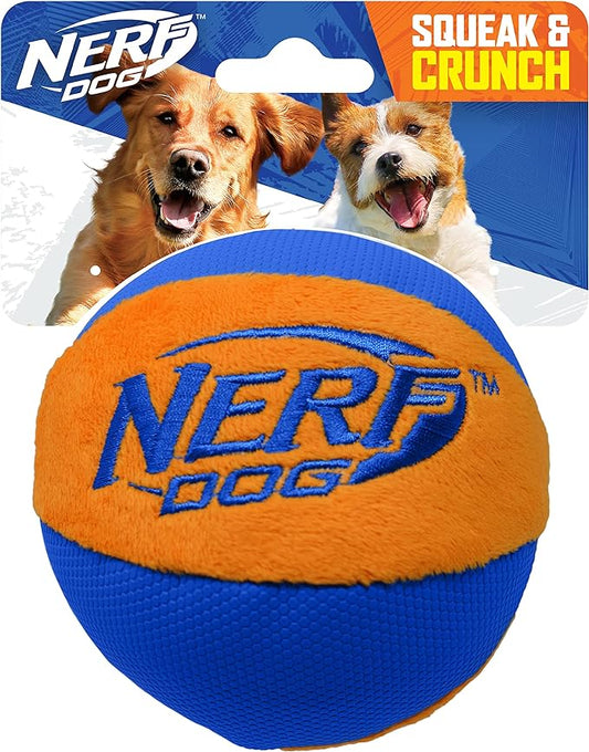 Nerf Dog Trackshot Ball Dog Toy with Interactive Squeaker and Crunch, Lightweight, Durable and Water Resistant, 4.5 Inches, For Medium/Large Breeds, Single Unit, Blue/Orange