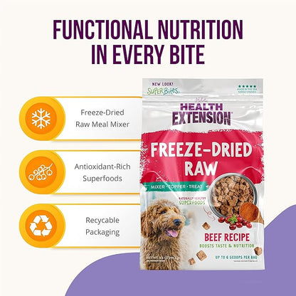 Health Extension Super Bites, Freeze-dried Raw, Gluten & Grain-free, with Extra Protein & Super Tasty Healthy Meal Mixer for Dogs, Beef Recipe (18 Oz / 226 g)
