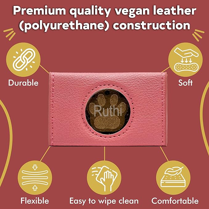 Dog Collar ID Holder - Dog Tag Silencer - No Noise Dog Tag Pouch for Dog Collar - Dog ID Tag Protector - Pockets for Dog accessories, Rabies Tags, Poop bags - Slide on Dog ID - Pet tag (Pink)