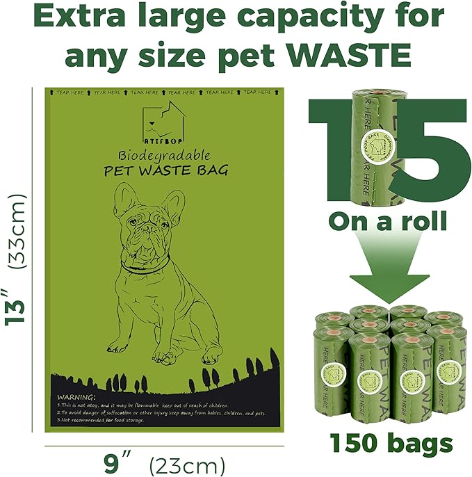 Biodegradable Dog Poop Bags 150 Count 10 Rolls with One Free Dispenser, Thicken and Earth-friendly Dog Poop Bag Holder (Scented)