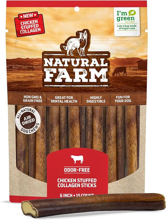 Natural Farm Chicken Stuffed Collagen Chews for Dogs with Real Chicken (6 Inch, 15-Pack), Rawhide-Free Collagen Sticks, Odor-Free Natural Dog Chews, Long Lasting, for Small, Medium, Large Dogs