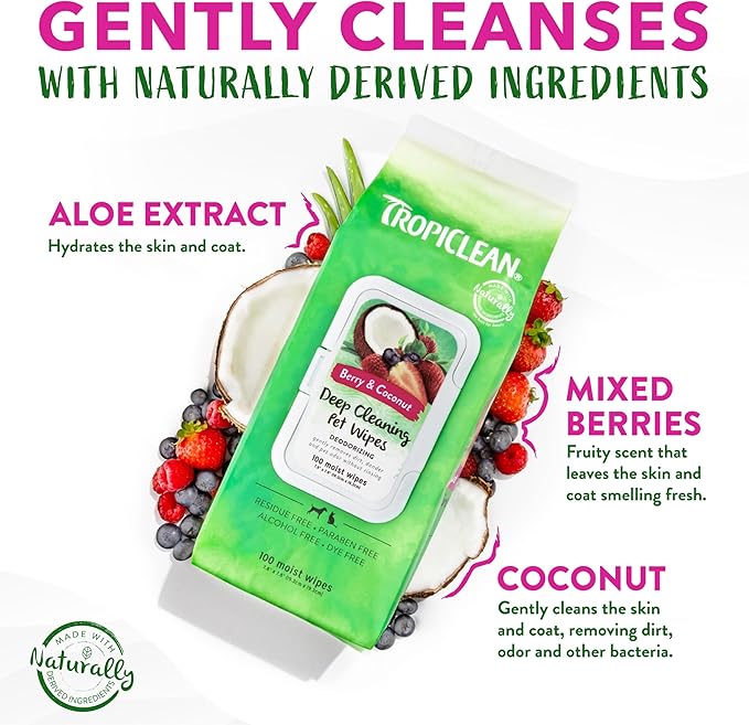 TropiClean Berry & Coconut Dog Wipes for Paws and Butt | Deep Cleaning Dog Grooming Wipes | Safe for The Face | Cat Friendly | 100 Count
