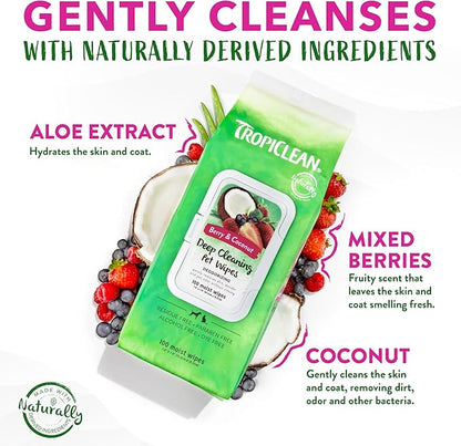 TropiClean Berry & Coconut Dog Wipes for Paws and Butt | Deep Cleaning Dog Grooming Wipes | Safe for The Face | Cat Friendly | 100 Count