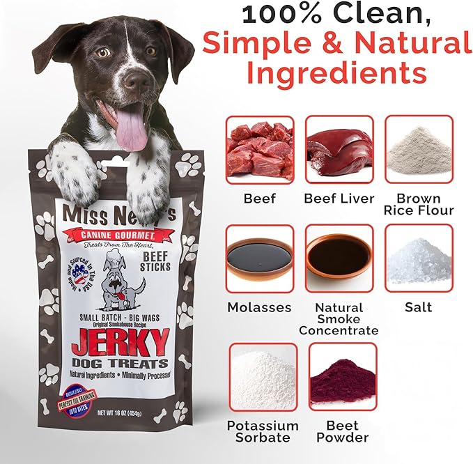 Miss Nelly's- All Natural Beef Jerky Dog Treats Made in USA Only-Beef Jerky Treats for Dogs Original Smoke House Recipe-Minimally Processed Soft Sticks Jerky Dog Treats - 16 oz. bag.