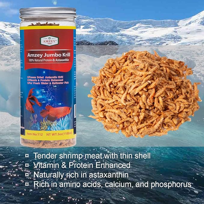 Amzey Freeze Jumbo Krill 3 oz, Dired Jumbo Shrimp Provide Essential Omega-3, Vitamin Enhancement. Super Food for Pets, Cat Food, Dog Food, Fresh and Salt Water Fish