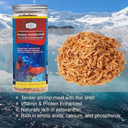 Amzey Freeze Jumbo Krill 3 oz, Dired Jumbo Shrimp Provide Essential Omega-3, Vitamin Enhancement. Super Food for Pets, Cat Food, Dog Food, Fresh and Salt Water Fish