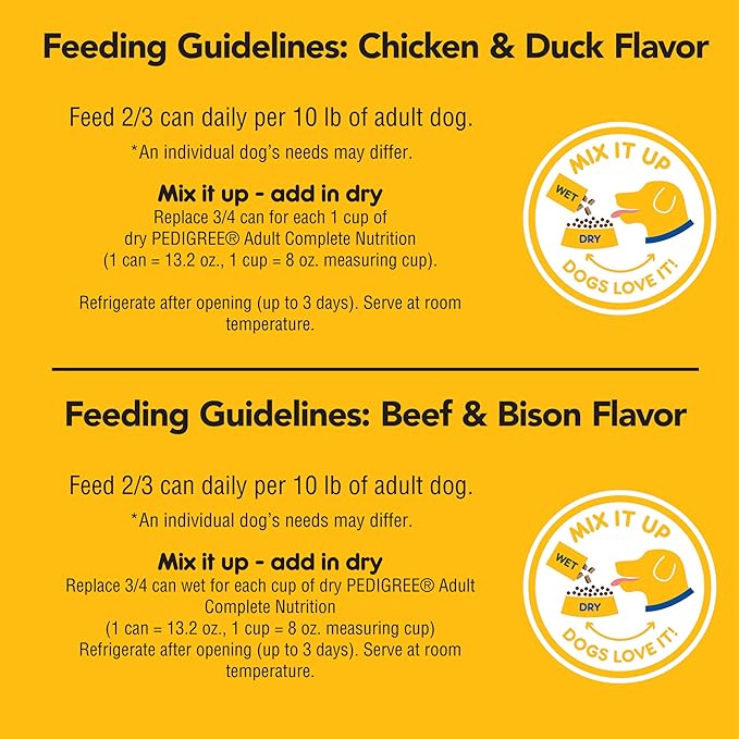 PEDIGREE High Protein Adult Canned Soft Wet Dog Food Variety Pack, Chopped Beef & Bison Flavor and Chopped Chicken & Duck Flavor, 13.2 Oz (Pack of 12)