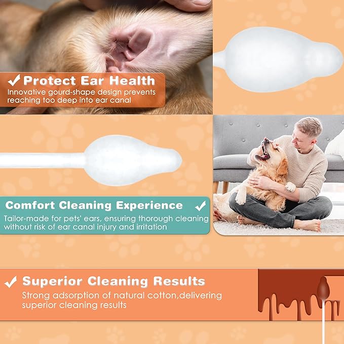 Dog Ear Cleaner Infection Treatment Ear Cleaning Swabs Qtips, Safe Gourd-Shaped Design for Dog and Cat Cleaning, Pet Ear Cleaner Solution, Tools to Prevent Ear Injuries and Irritation-Large