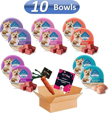 blue delights wet dog food small breed bundle, (Pack of 10) , 05 Flavors( 02 cans each),Porterhouse, Angus, Filet Mignon, Top Sirloin and Grilled Chicken.Plus a roll dog Bag and Pet Nutrition Booklet.