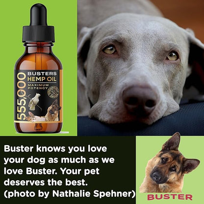 Buster's Organic Hemp Oil for Dogs and Pets, 4PACK-8MTH-supply, 555,000 Max Potency, Large 60ml Bottle, Made in USA - Miracle Formula, Perfectly Balanced Omega 3, 6, 9 - Joint Relief, Calming
