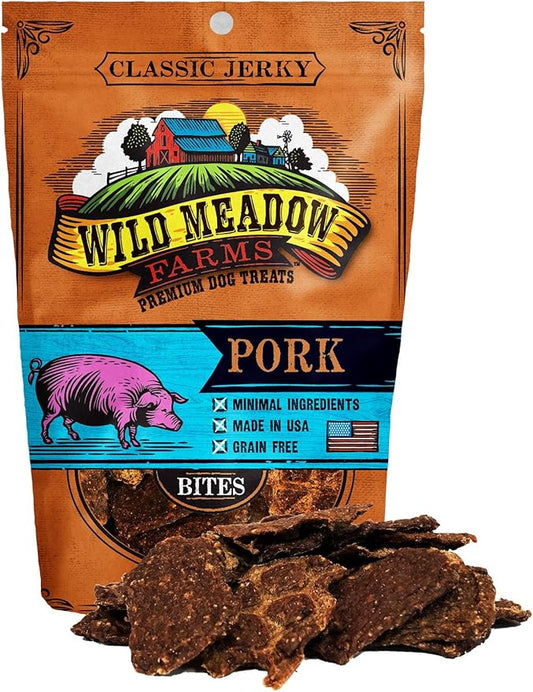 Wild Meadow Farms - Classic Pork Bites, Soft Jerky Treats for Dogs, Grain-Free & All-Natural, Ideal for Training, Portioning, and High-Value Rewards for All Breeds & Ages - 3.5 Ounce Pouch