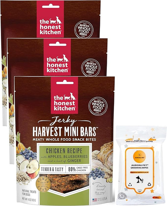Bundle (3) Honest Kitchen Jerky Harvest Mini Bars Chicken Recipe with Apples & Blueberries Dog Treats (4-oz Bags) with AuroraPet Wipes